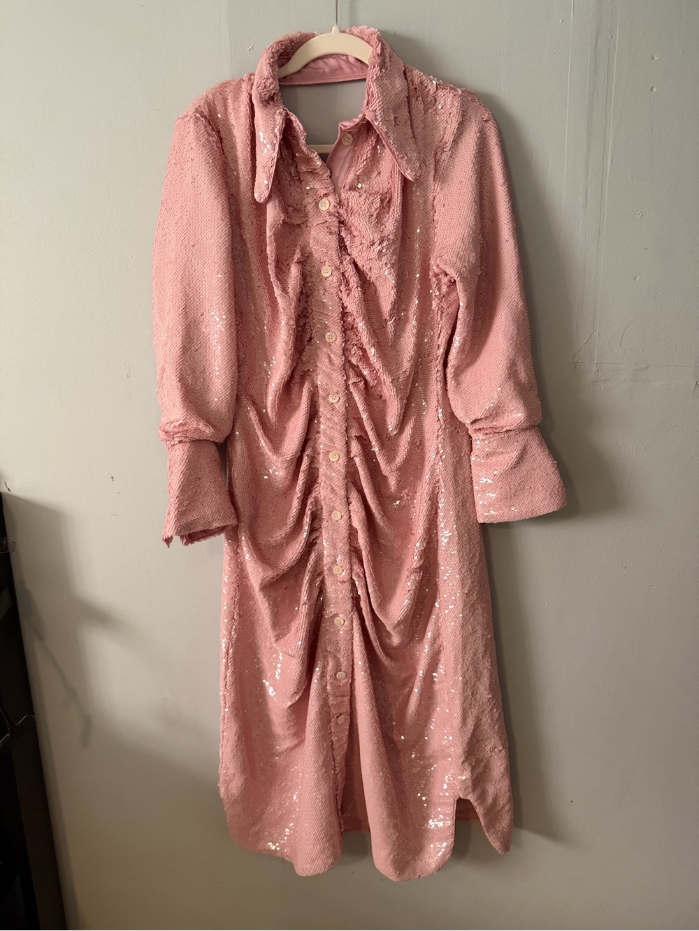 GANNI Open-back Sequined Recycled Satin Midi Shirt Dress In Pink